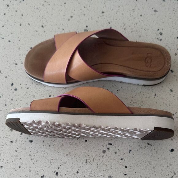 UGG Kari Women's Natural Tan & Pink Leather Slide Sandals Casual Comfy Size 6.5 - Picture 1 of 8